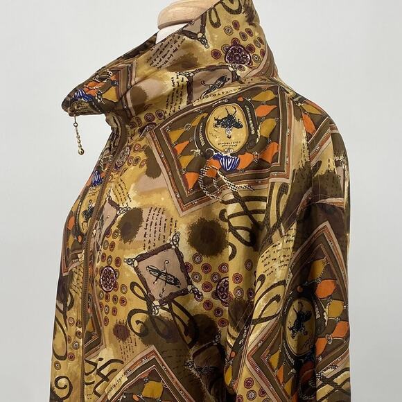 Vintage Equestrian Print Bomber Jacket Brown Tan Gold EUC Size L 100% Silk - Picture 7 of 12